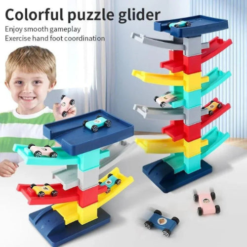 Colorful puzzle glider with cars and a child playing with it